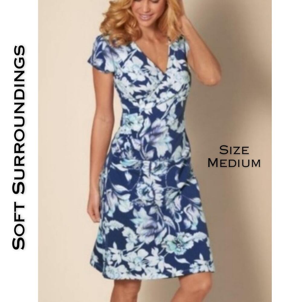 Soft Surroundings Faux Wrap Dress Medium Blue Indigo Teal Floral Jersey Knit